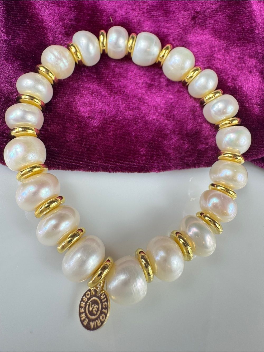 Victoria Emerson White Fresh Water Pearls & Gold Spacer Stretch Bracelet